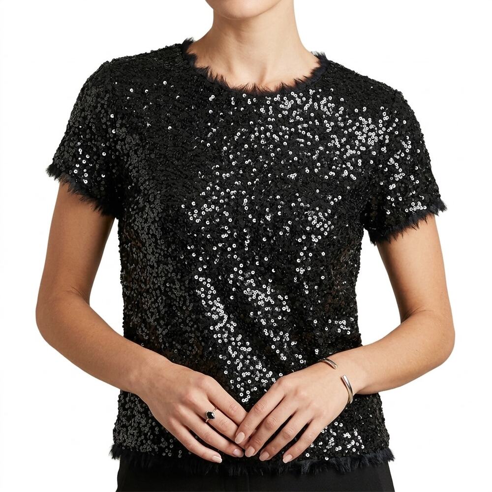Gryphon Anthropologie Black Sequin Cap Sleeve Round Neck Shirt Top Size S Glam